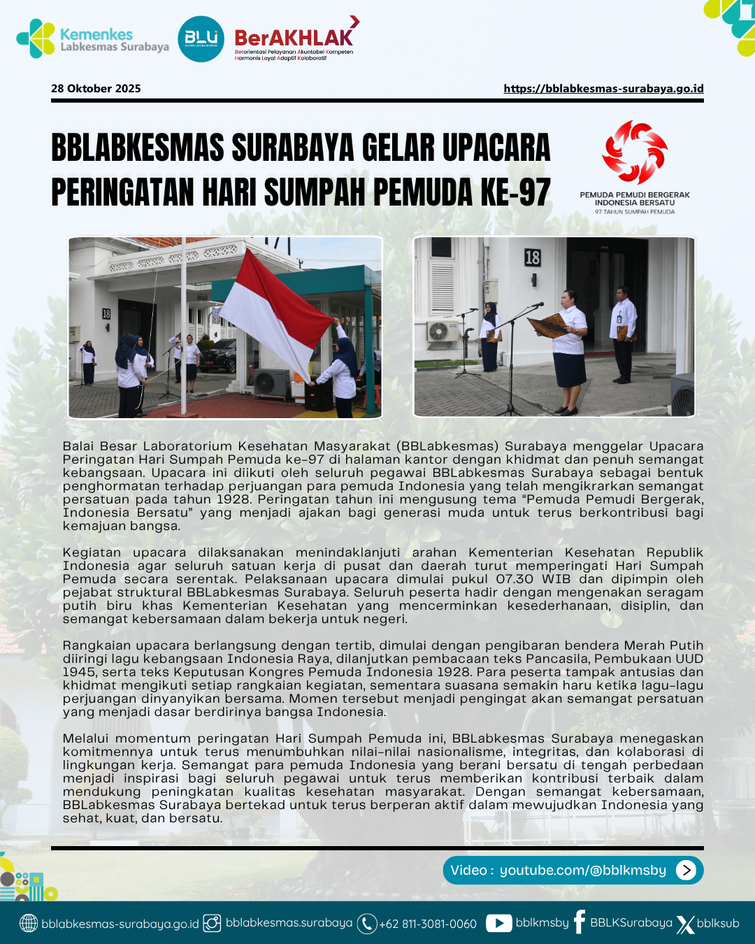 BBLabkesmas Surabaya Gelar Upacara Peringatan Hari Sumpah Pemuda ke-97